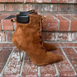 Good American Suede Tobacco Scandal Lace Up Stiletto Booties Women's Size 7